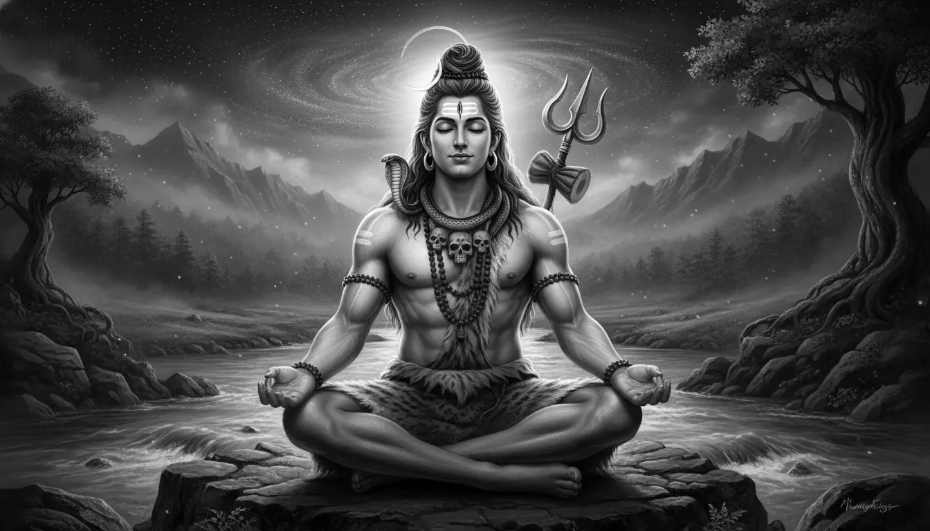 Lord Shiva meditating with crescent moon on head in black and white