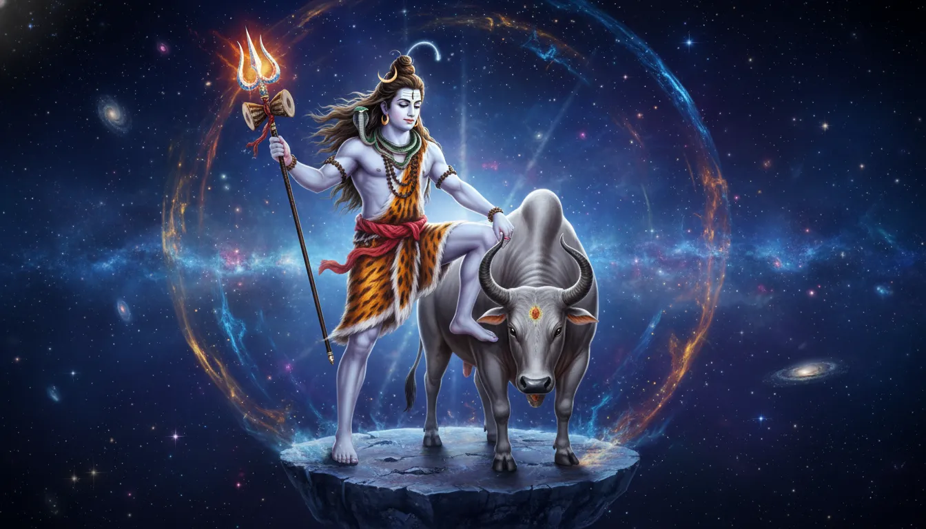 Lord Shiva mounting Nandi the sacred bull for cosmic journey