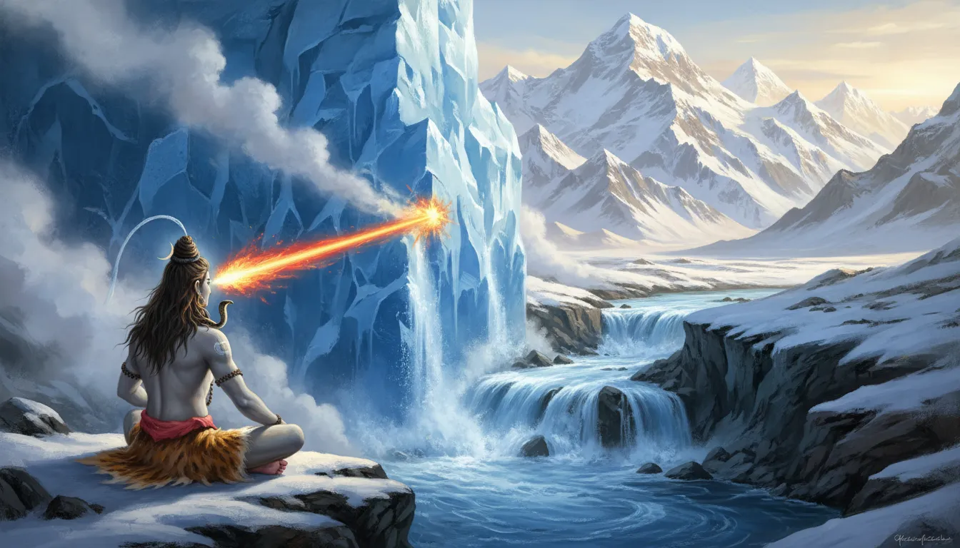 Lord Shiva sitting on Mount Kailash with his third eye emitting a beam of fire that melts a surrounding glacier into a river