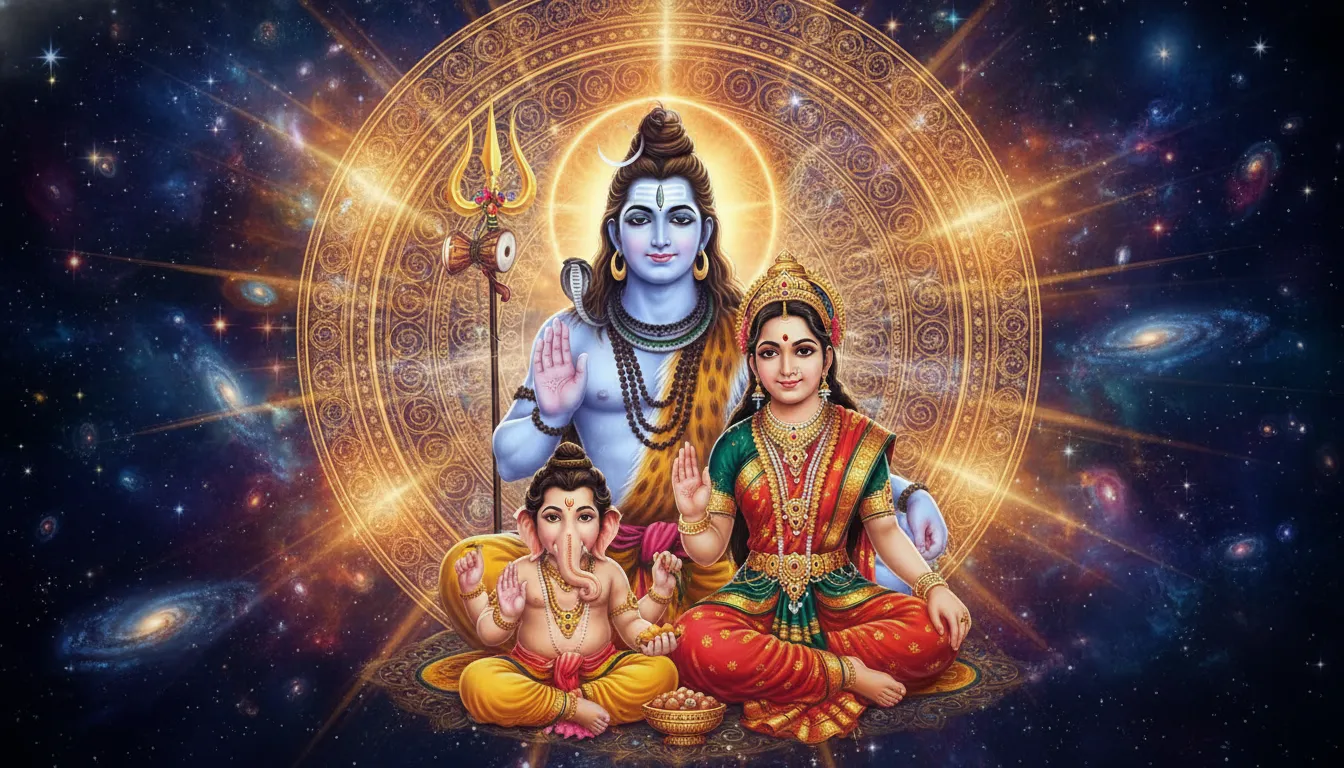 A spiritual Mahadev full family photo featuring the entire Shiva Parivar raising their hands in a universal blessing pose surrounded by a golden light.