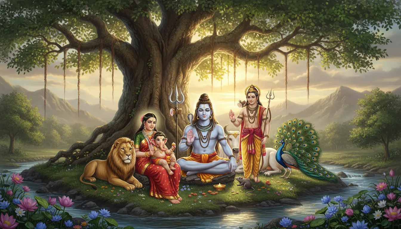 A detailed Mahadev full family photo featuring the entire family along with Nandi the bull, the lion, the peacock, and the mouse.