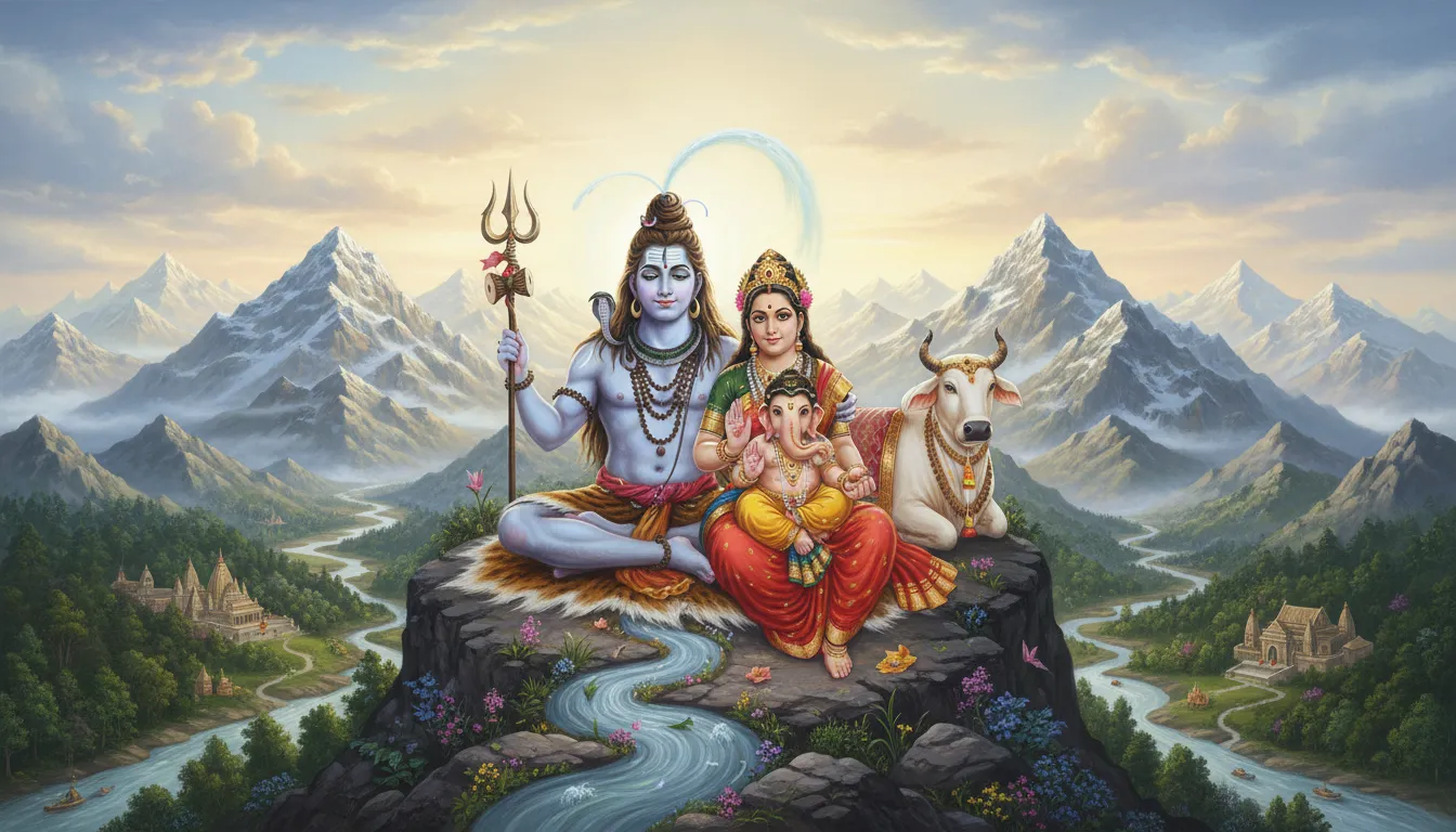 Shiva family with Nandi bull, trident, and peacock in nature