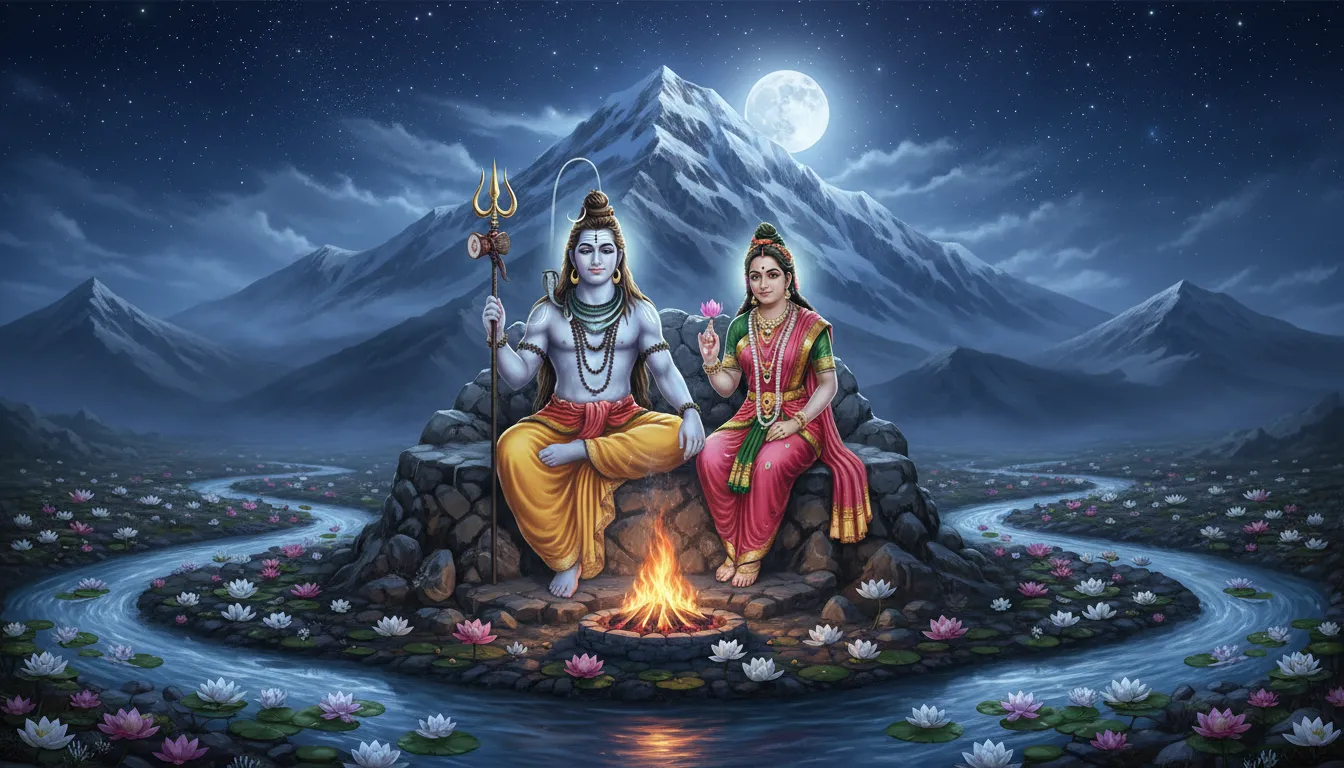 Lord Shiva and Parvati blessing devotees with glowing aura in the Himalayas