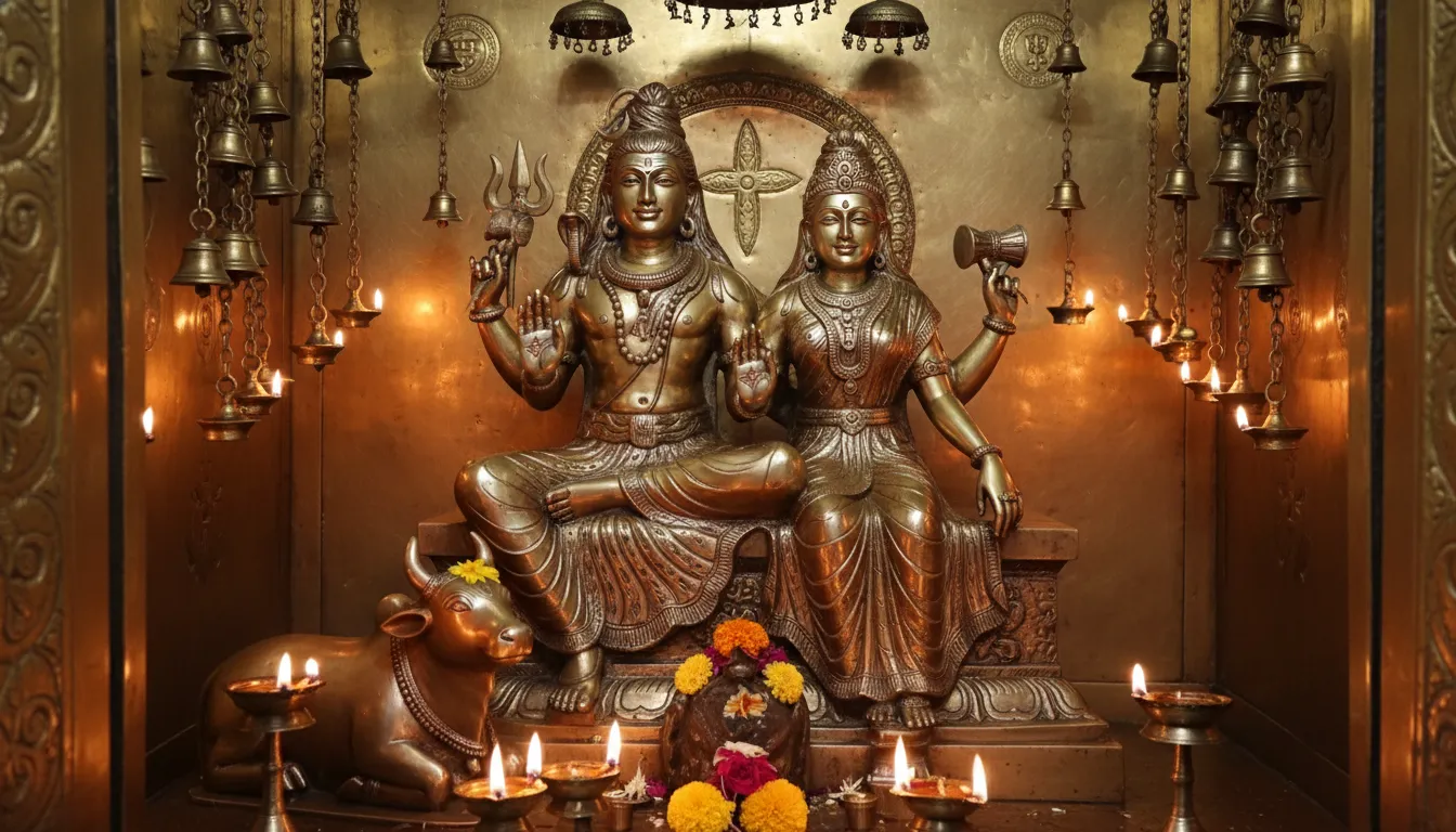 Bronze statue of Shiva and Parvati in temple sanctum with oil lamp light