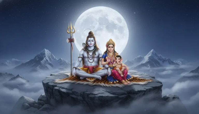 Lord Shiva and Goddess Parvati sitting on a tiger skin throne under the moonlit Himalayan sky