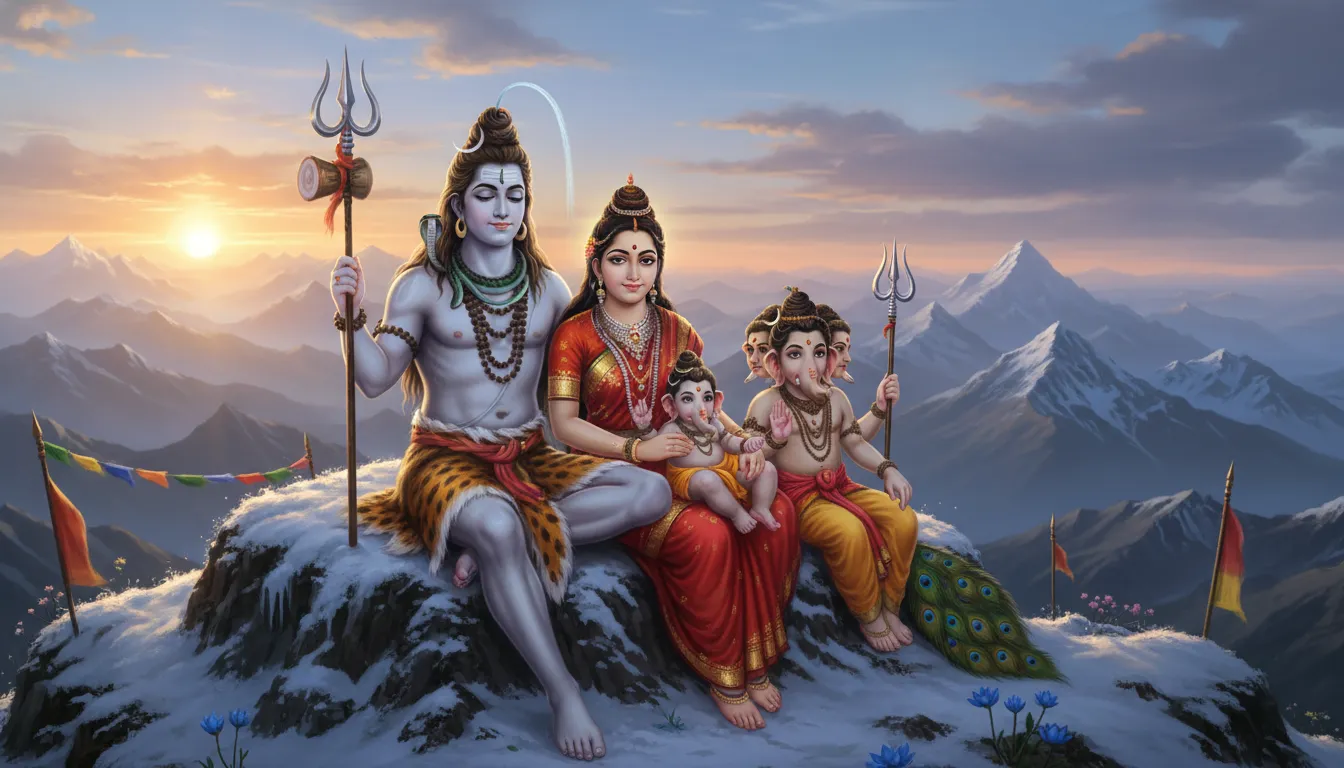 Shiva Parvati family sitting on snowy mountain with Ganesha and Kartikeya at sunrise