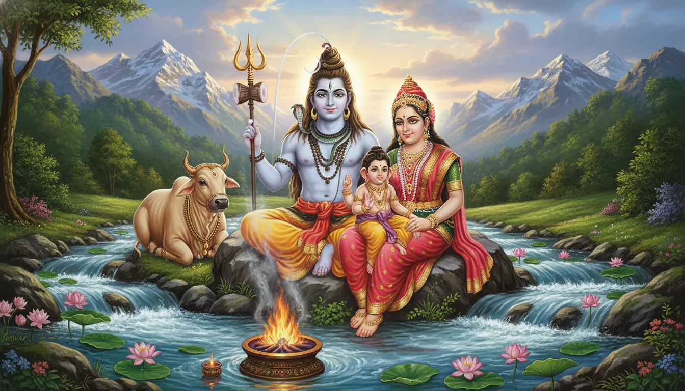 Lord Shiva Parvati family with Ganesha and Nandi near Mount Kailash