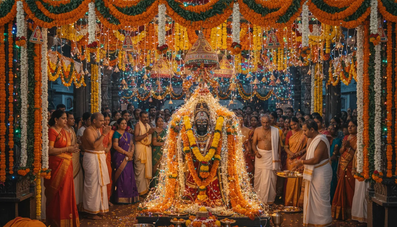 Shiva Parvati idol decorated with string lights and flowers during temple festival