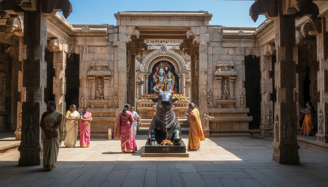 Shiva Parvati idol with Nandi statue in temple courtyard outdoor view