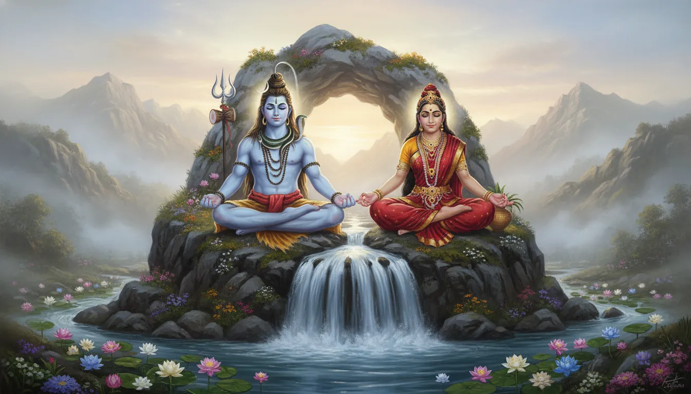Lord Shiva and Parvati meditating on a rock near river and snowy mountains