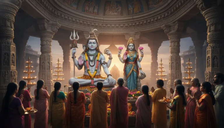 Shiva Parvati statue temple with devotees spiritual Hindu temple view