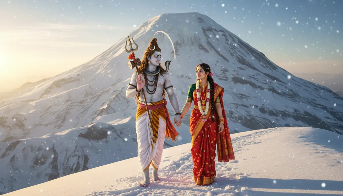 Lord Shiva and Parvati walking hand in hand on Mount Kailash divine love