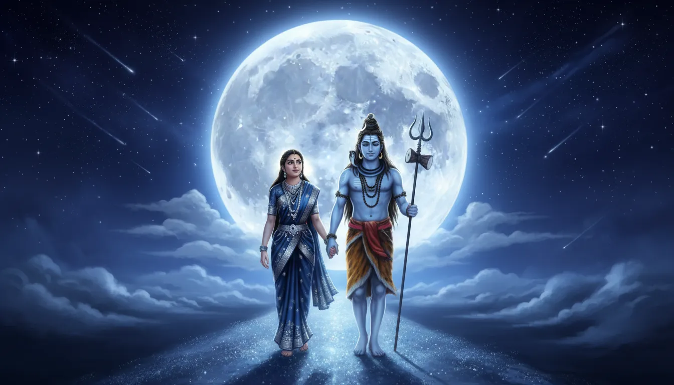 Lord Shiva and Parvati walking together under full moonlight night sky