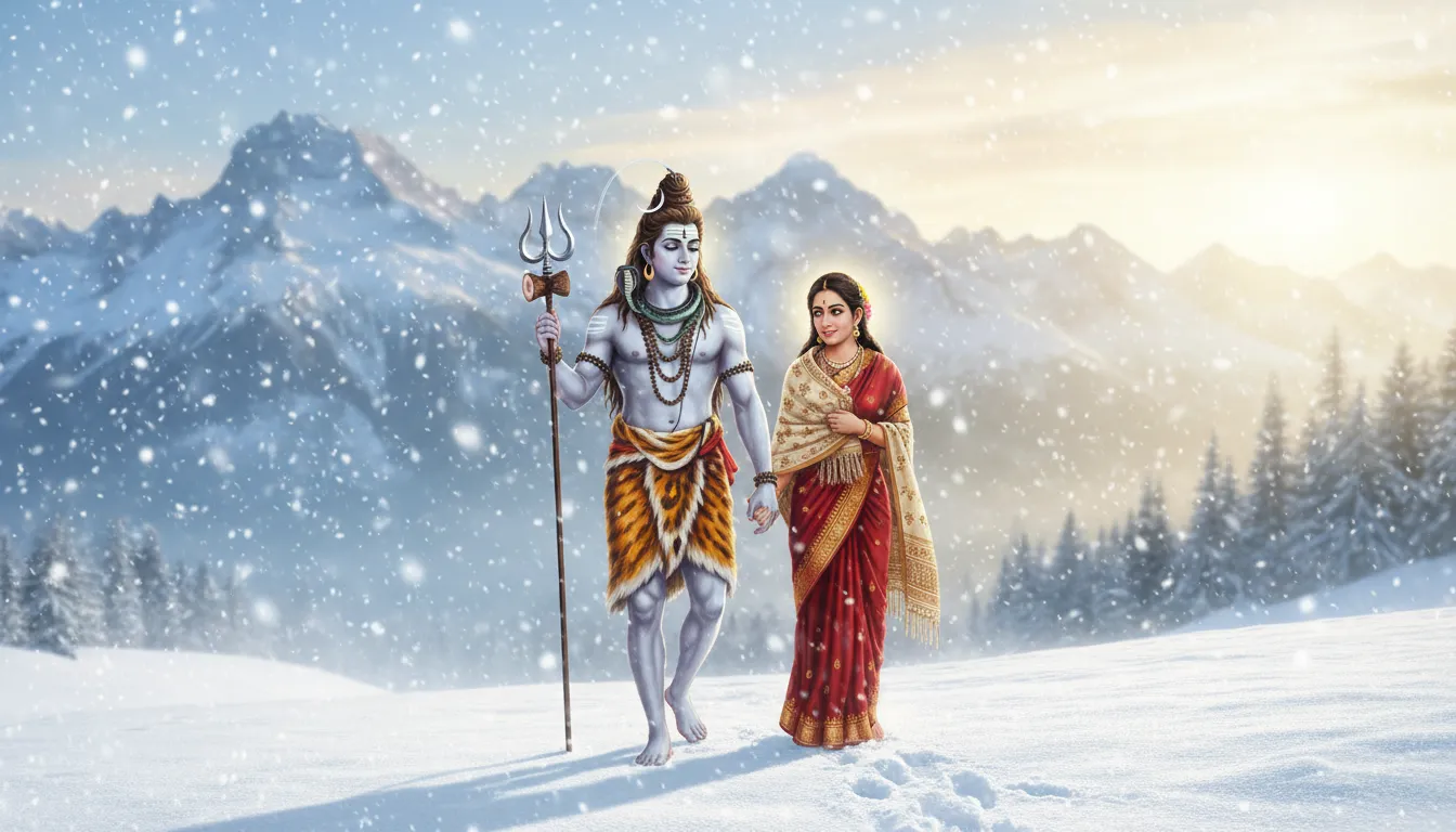 Lord Shiva and Parvati walking together in snowfall on Mount Kailash winter