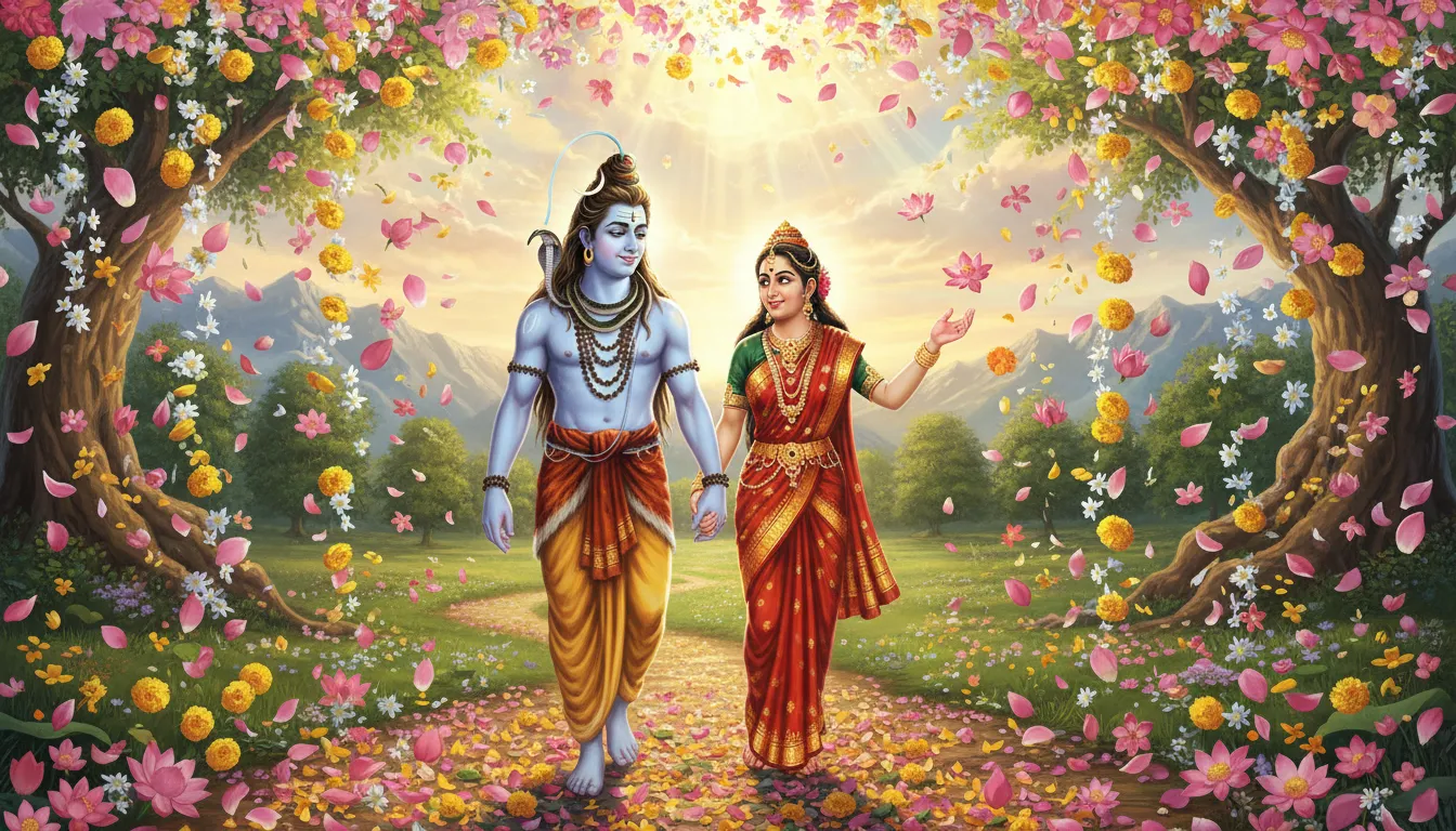 Lord Shiva and Parvati walking as divine flowers fall from the sky blessing