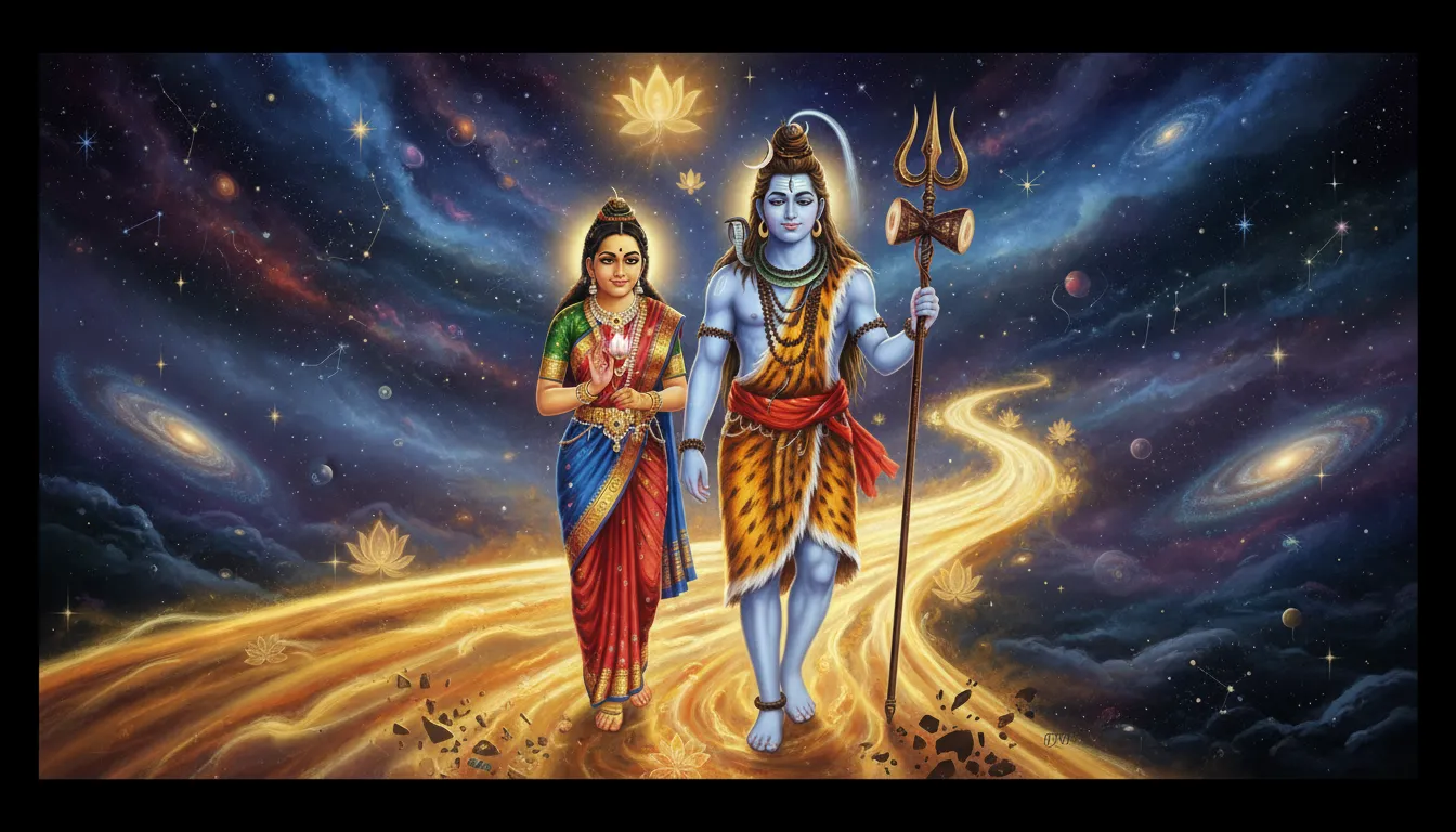 Lord Shiva carrying trishul and Parvati holding lotus walking together divine