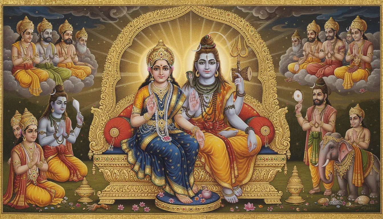 shiva parvati on golden lotus throne with celestial gods and goddesses attending