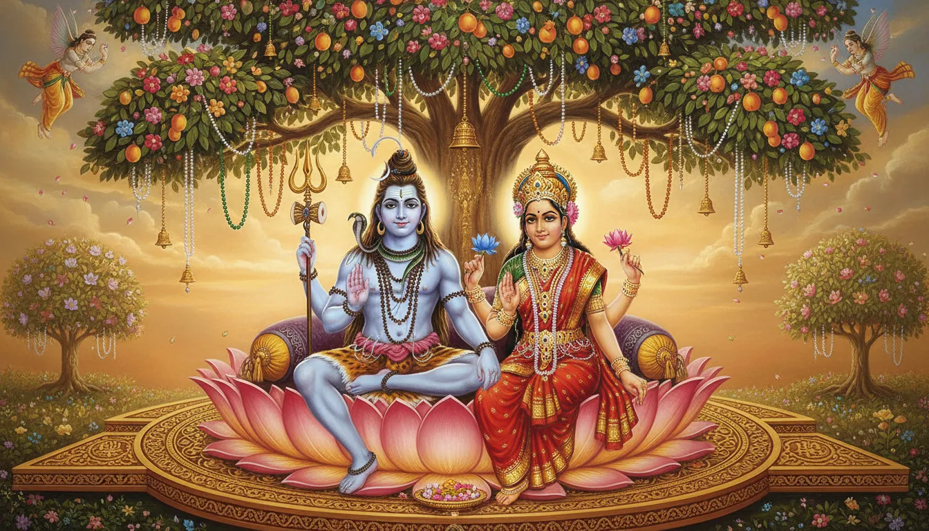 shiva parvati on lotus throne under kalpavriksha wish fulfilling tree
