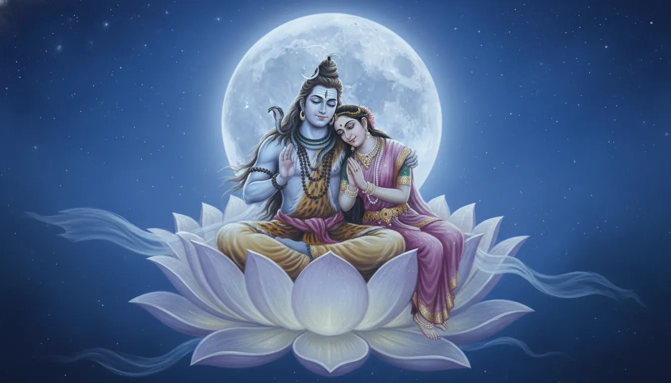shiva parvati on lotus throne with moonlit night sky stars background