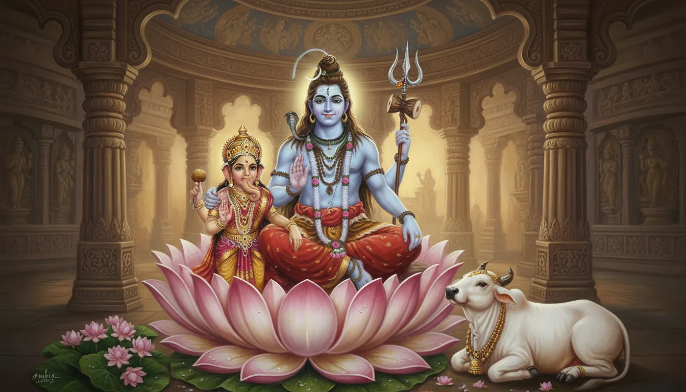 shiva parvati on lotus throne with nandi and ganesha divine family scene