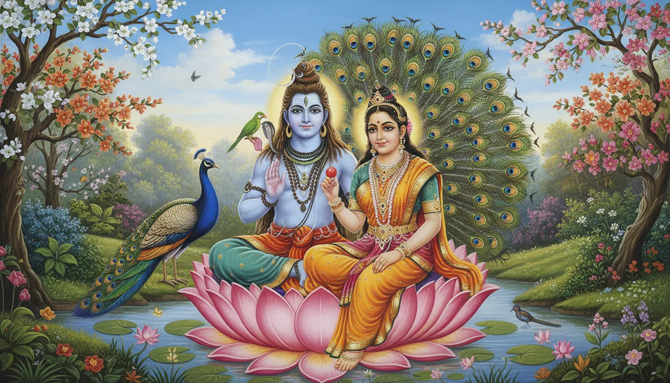 shiva parvati on lotus throne with peacock and parrot nature scene