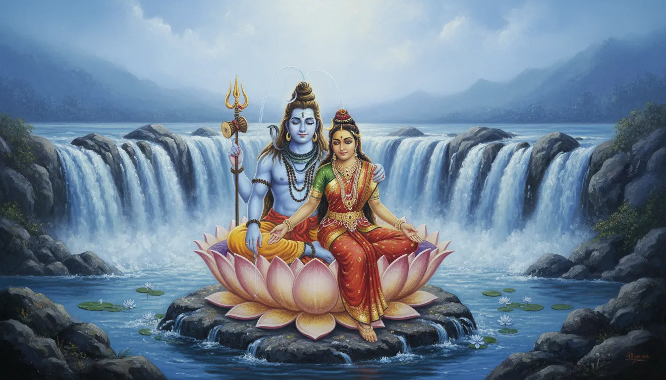 shiva parvati on lotus throne with ganga flowing behind holy river