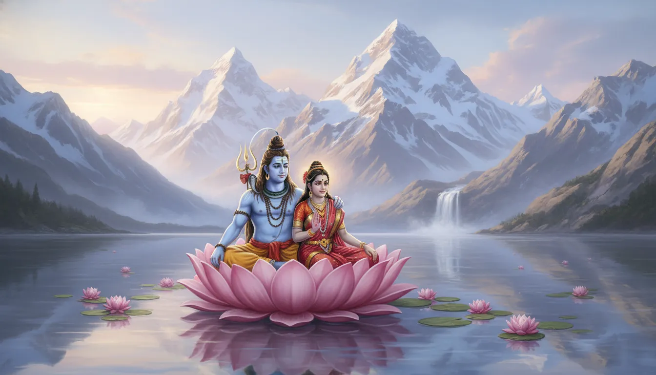 shiva parvati on pink lotus throne in himalayan mountains snow background