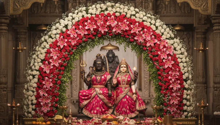 Lord Shiva and Goddess Parvati statue decorated with a colorful floral archway