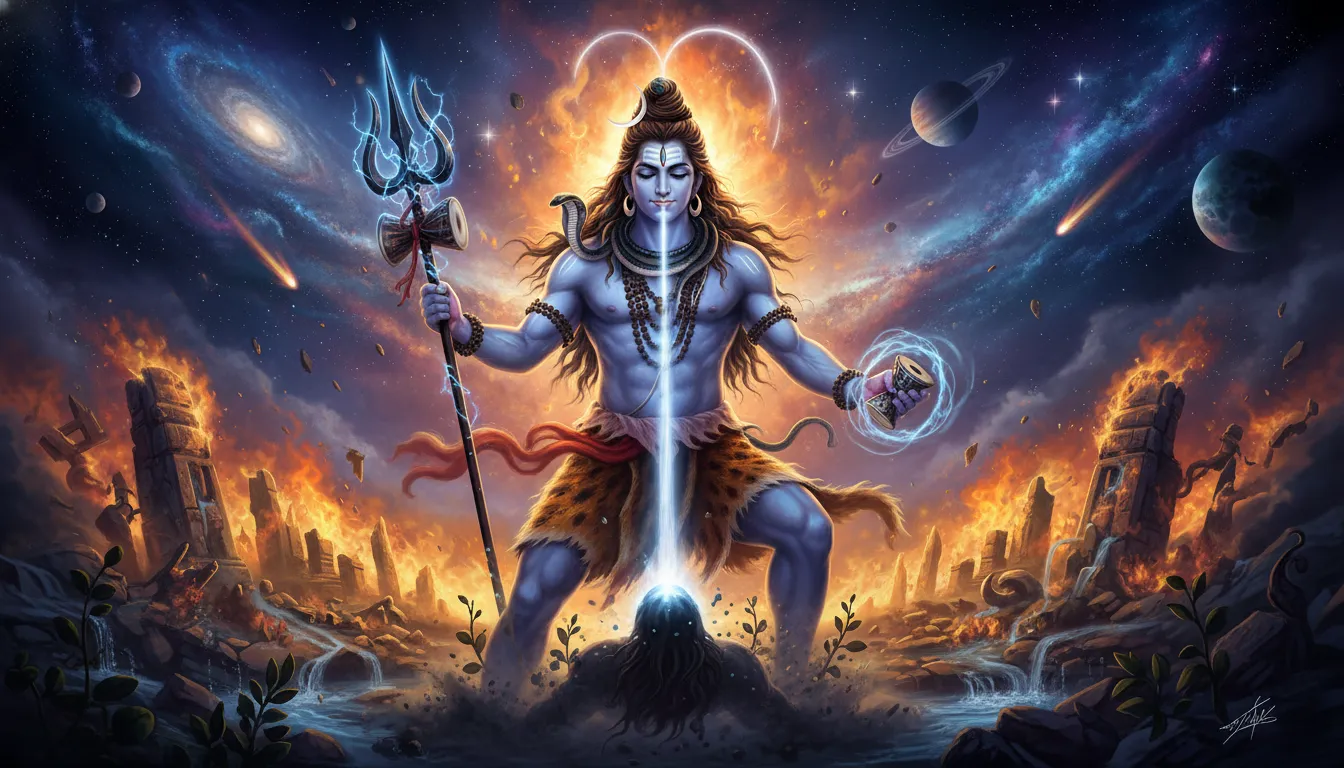 Powerful Lord Shiva digital painting with trident and cosmic blue energy.