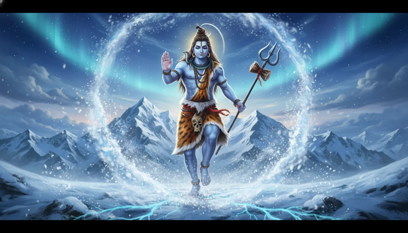 Close up shot of Lord Shiva tightening his grip on his trishul while entering a battle stance on Mount Kailash.