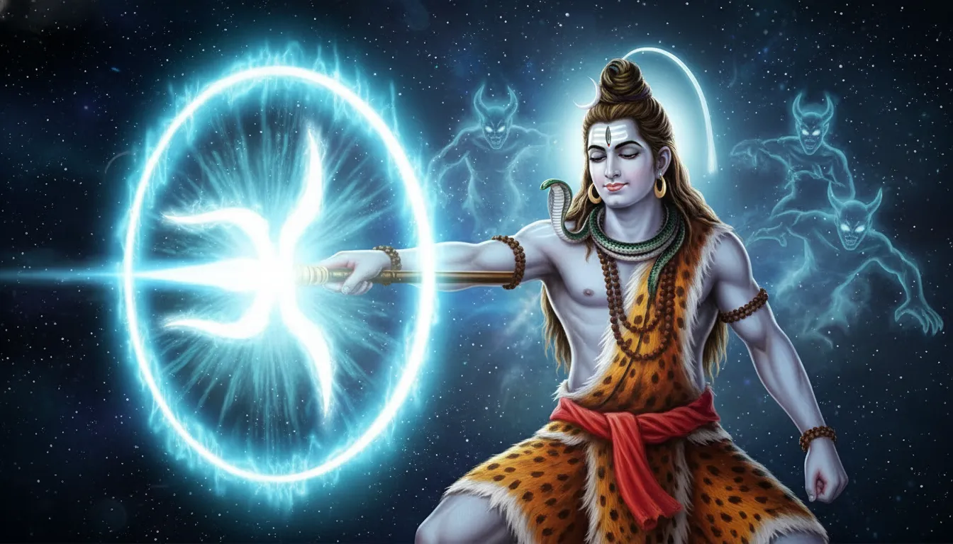 Lord Shiva standing in a defensive protective pose holding a glowing trishul forward.