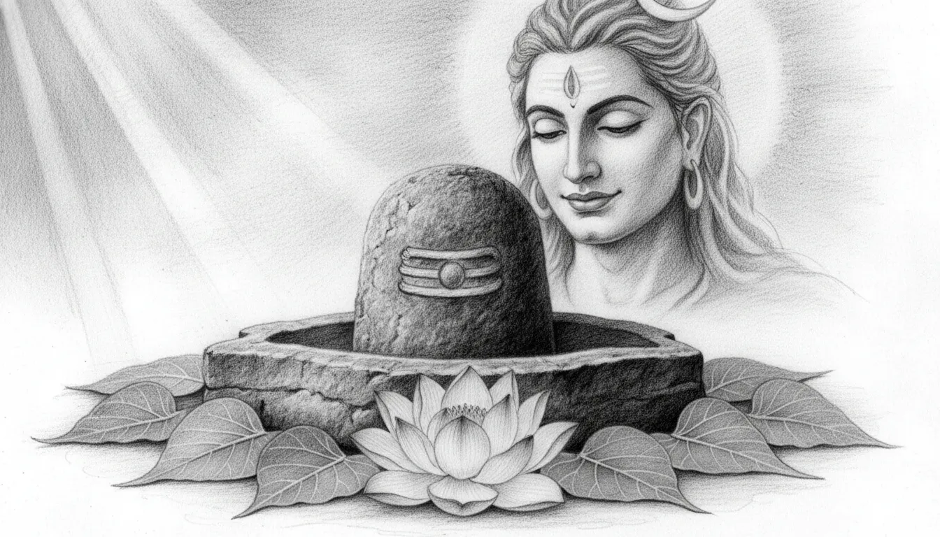 A soft pencil sketch showing a devotee offering water to a sacred Shivling with Lord Shiva’s blessing shadow.