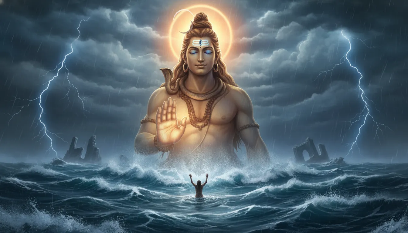 Giant figure of Shiva emerging from stormy sea extending a hand toward a person