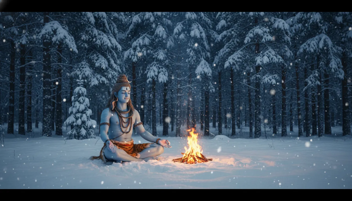 Lord Shiva sitting next to a small sacred campfire in a snowy winter pine forest
