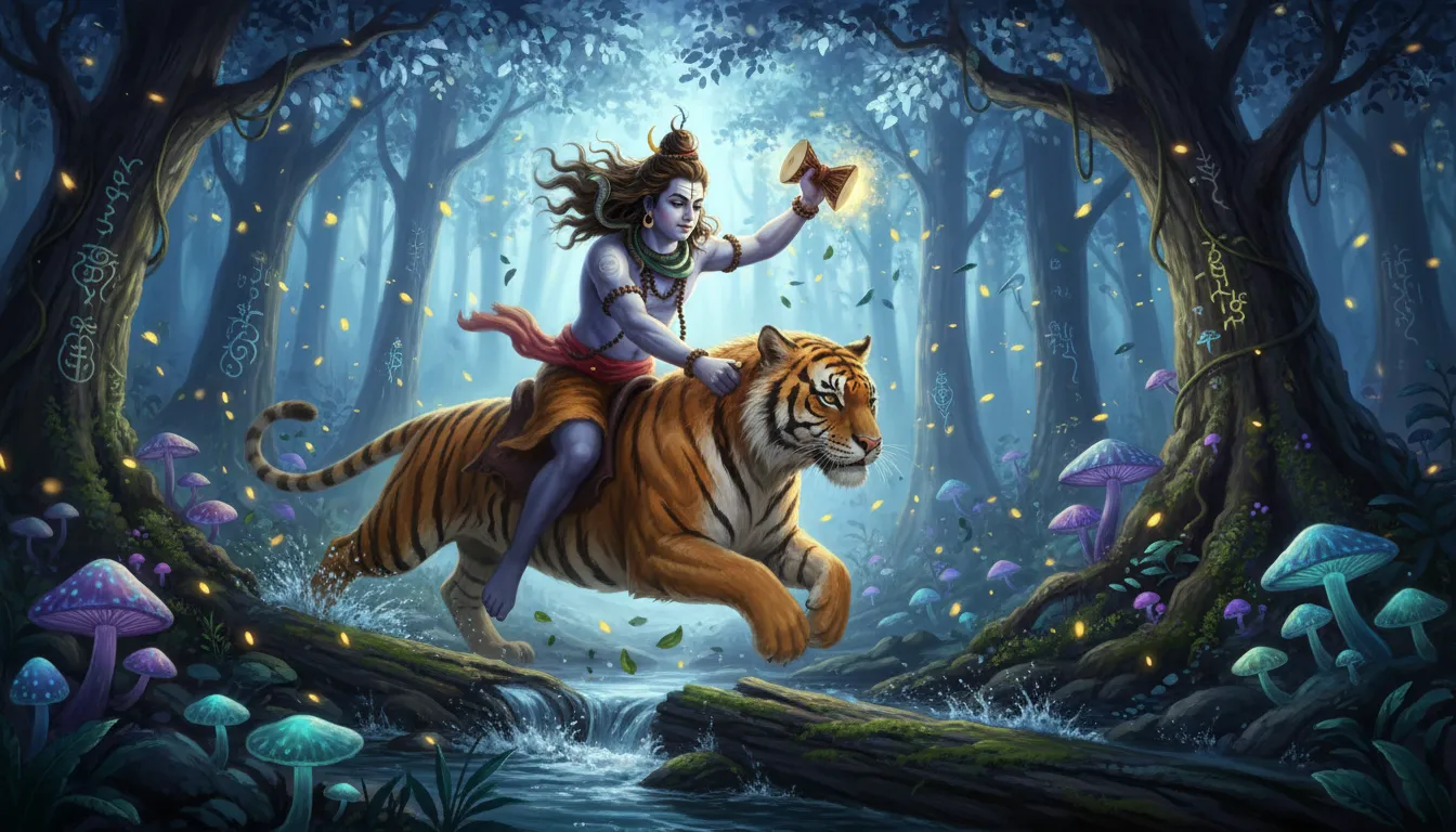 Lord Shiva riding tiger through magical mystical forest fantasy art