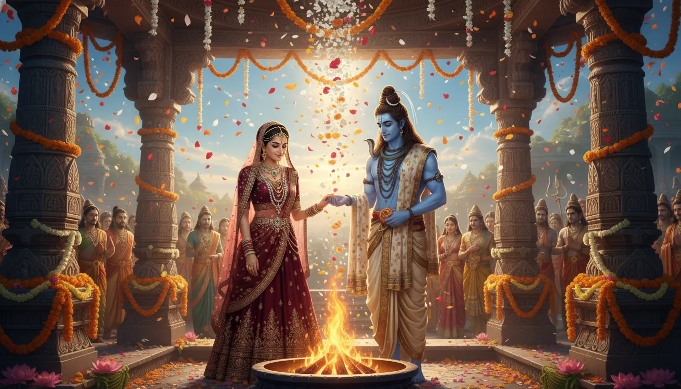 Sati as a beautiful bride next to Shiva in Mahadev wedding scene