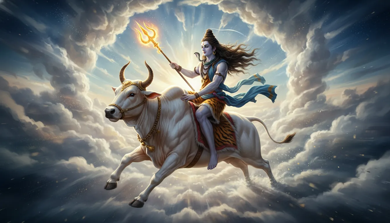 Lord Shiva seated on Nandi in motion moving through clouds