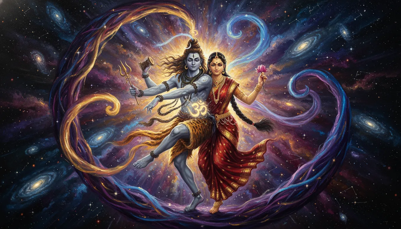Dual energy silhouette showing the divine dance of Shiva and Shakti together