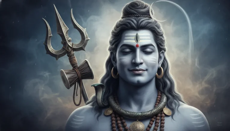 Close-up spiritual portrait of Shiva Shankar with the tip of his Trishul visible