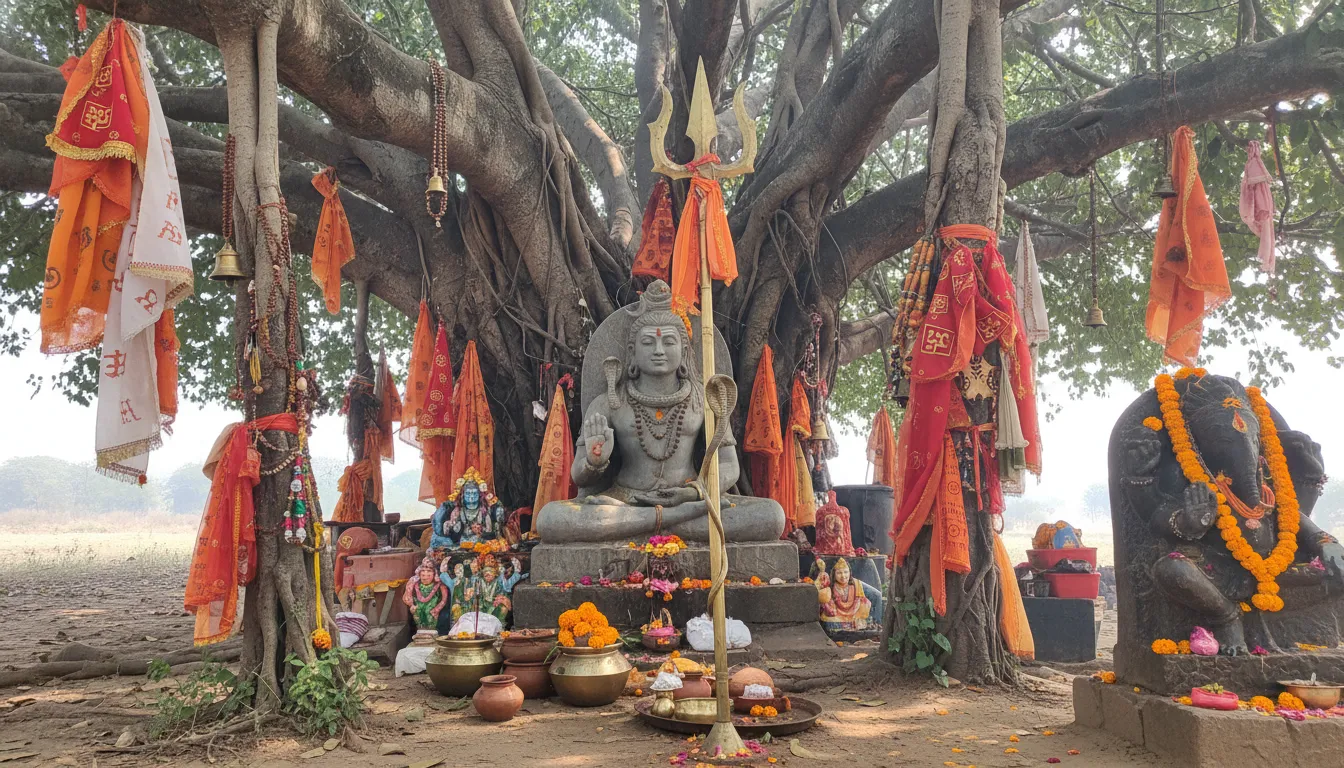 Shiva statue seated under a large tree with hanging decorations and a small shrine area