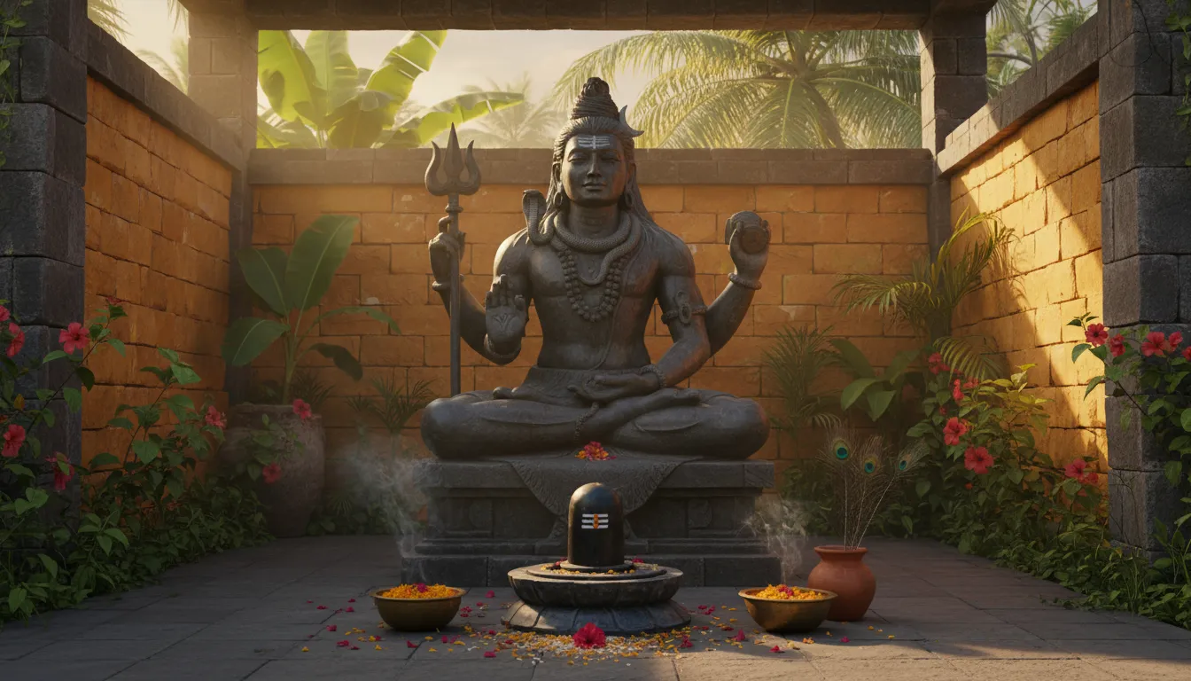 A seated Shiva statue inside a shrine with a Shiva lingam and ritual vessels in front.
