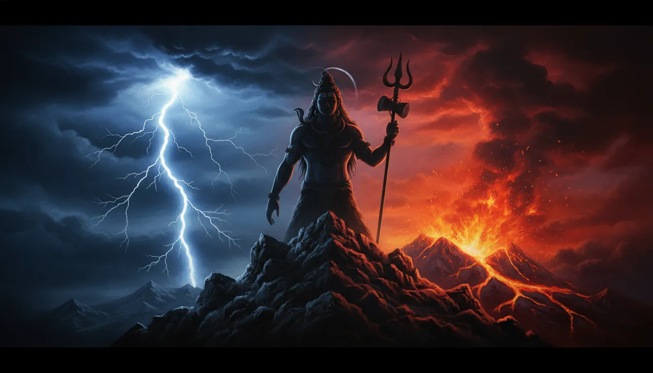 Majestic silhouette of Lord Shiva holding a trident against a background of lightning and volcanic fire