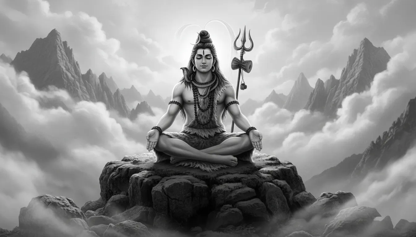 Lord Shiva sitting on rock meditating in monochrome nature scene