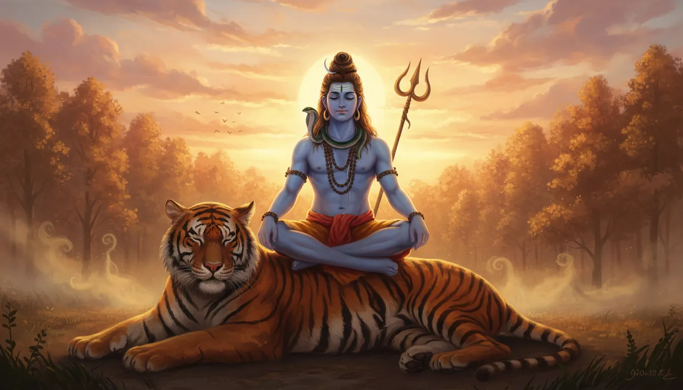 Lord Shiva sitting on tiger during golden sunset fantasy art