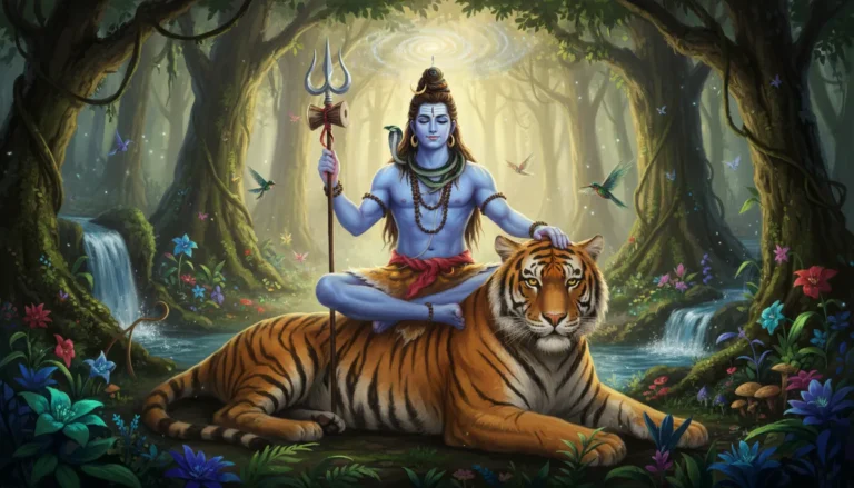 Lord Shiva sitting on tiger green nature fantasy artwork