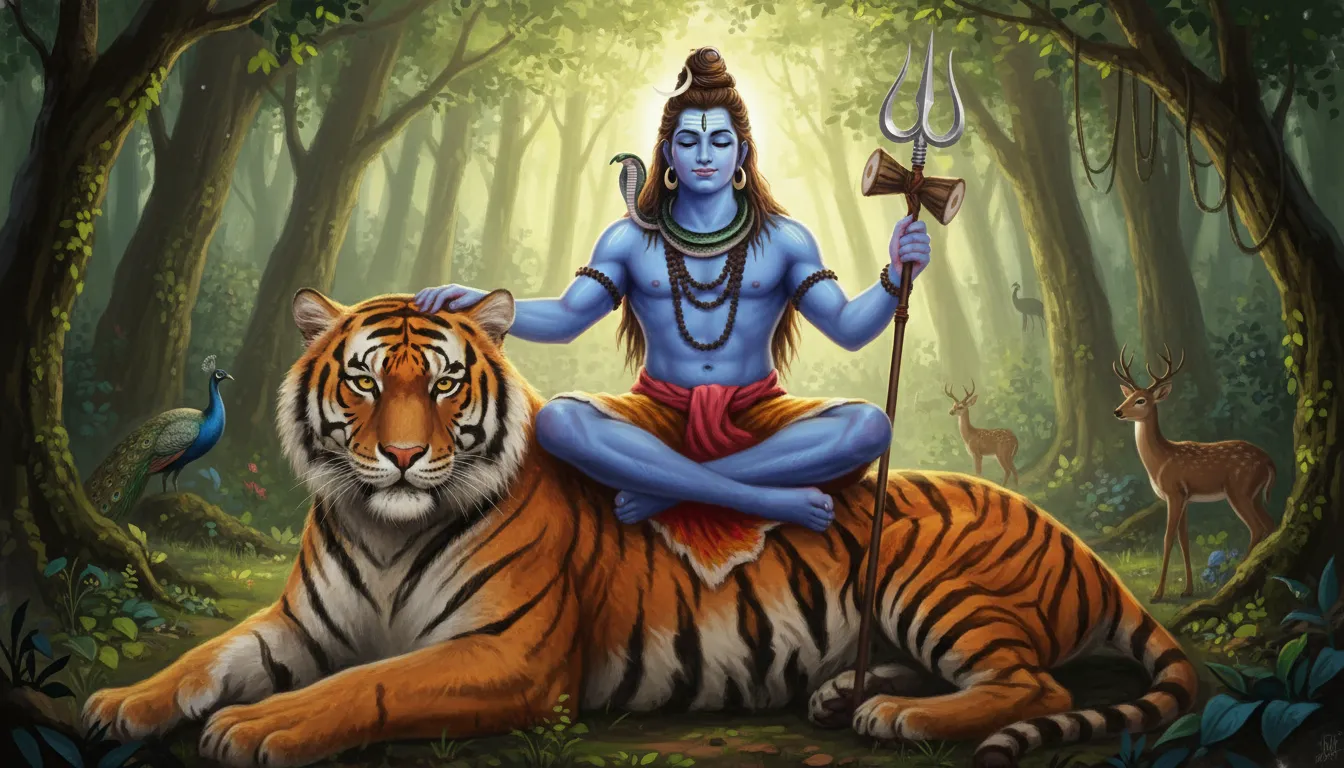 Fantasy Mahadev tiger art with damru music notes floating in air