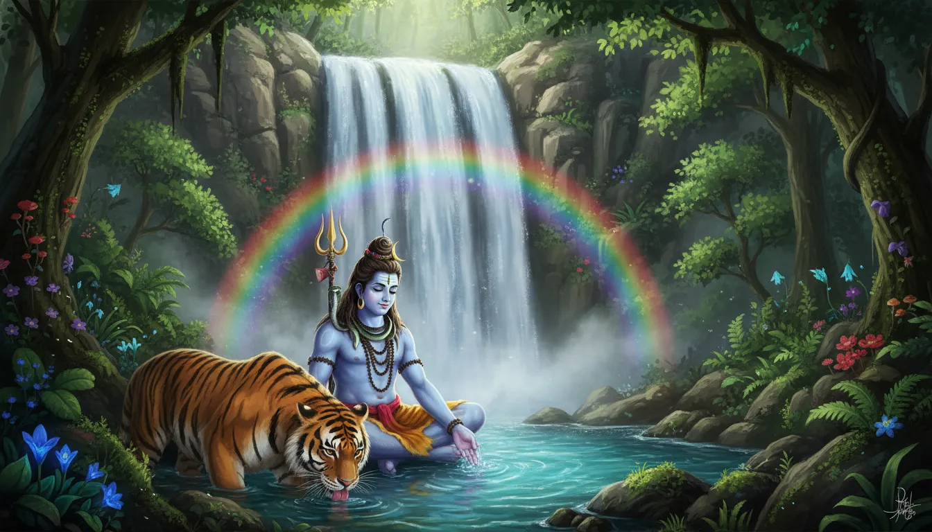Lord Shiva sitting on tiger beside waterfall in forest fantasy art
