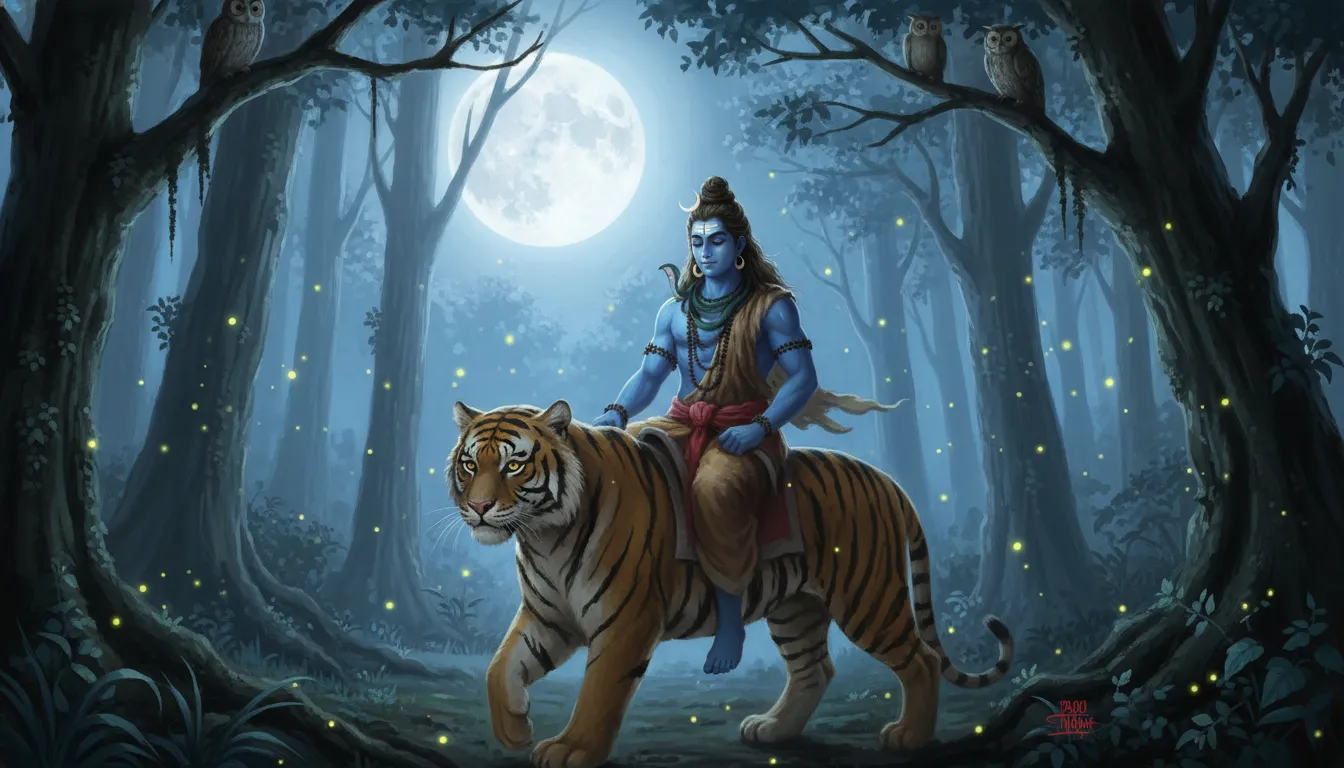 Lord Shiva sitting on tiger in moonlight night forest fantasy art