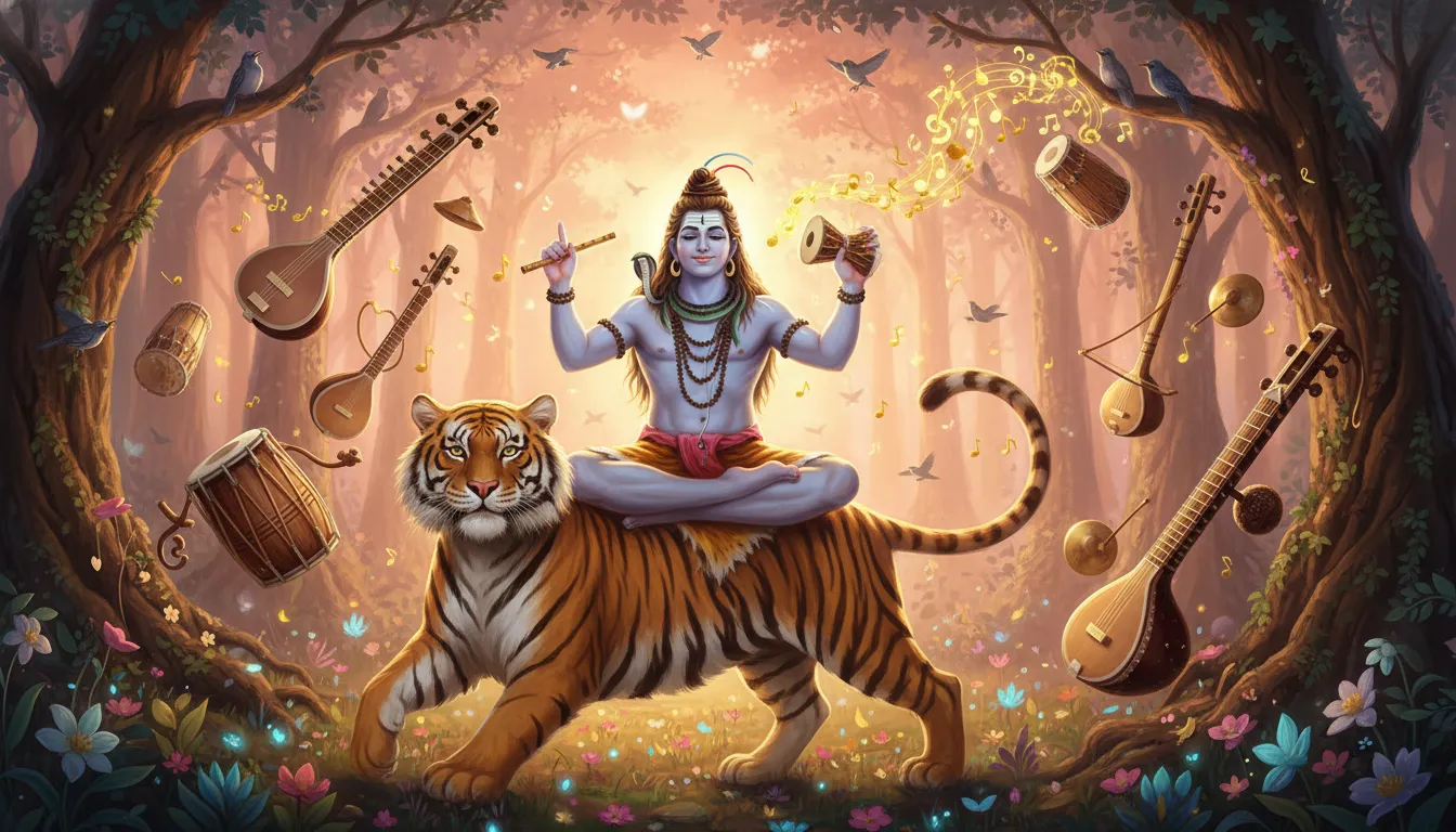Lord Shiva sitting on tiger with musical instruments floating around fantasy art