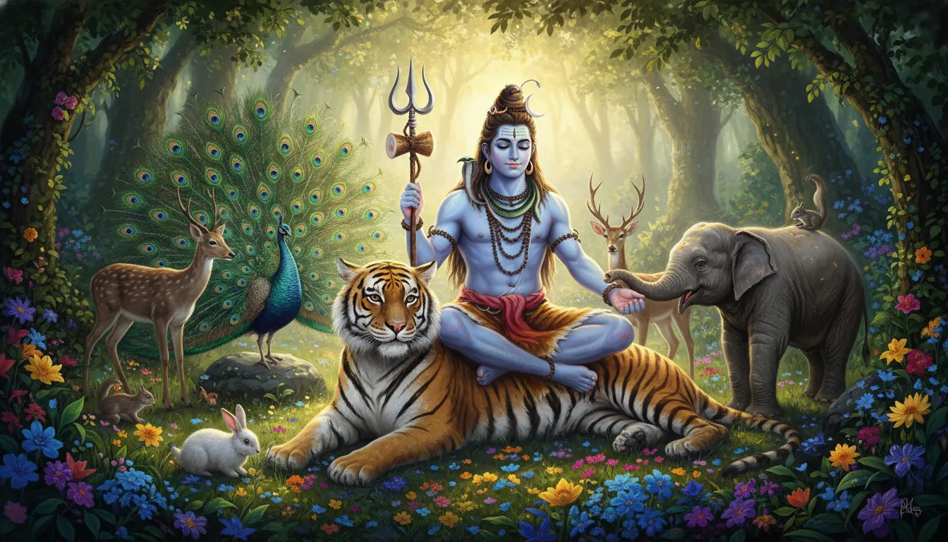 Lord Shiva sitting on tiger surrounded by peacocks and deer in forest fantasy art